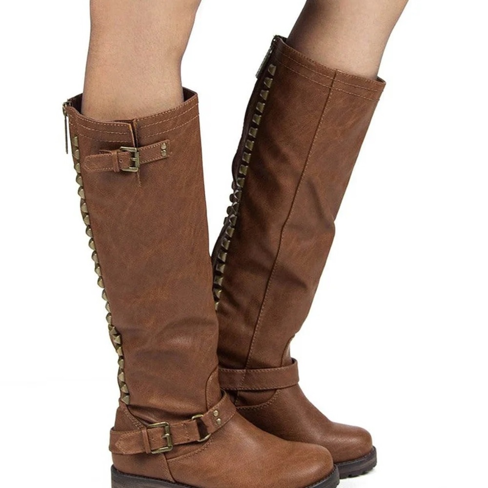 Breckelle Trooper Brown Studded Buckle Riding Knee High Boot - Picture 4 of 13